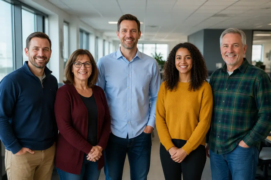Sample group photo of five coworkers standing in a row in an office