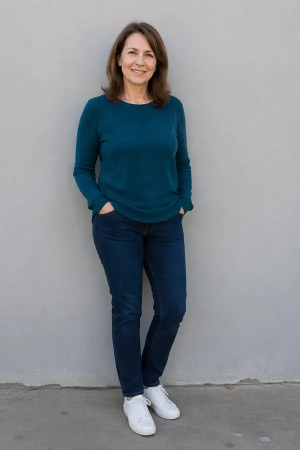 Sample photo: a woman in her fifties in a teal sweater, dark jeans and white sneakers standing against a plain grey wall, face clearly visible