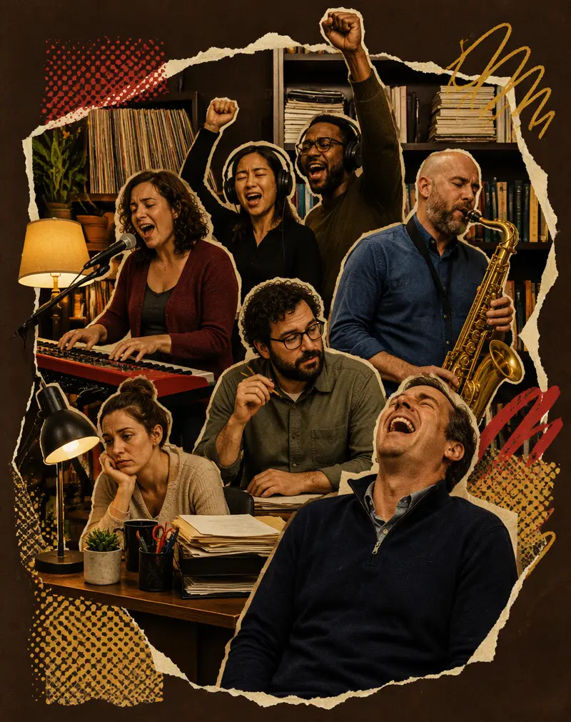 Paper collage of coworkers turned into a desk band: a woman in a burgundy cardigan singing at a red keyboard, two singers in headphones with fists up, a bald man on a gold sax and a man in a navy pullover laughing, in front of shelves of records